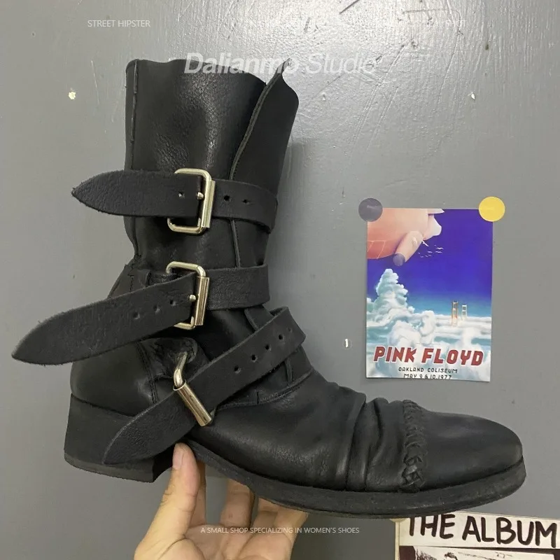 Vintage Fashion Mens - Botas de moto de cuero genuino