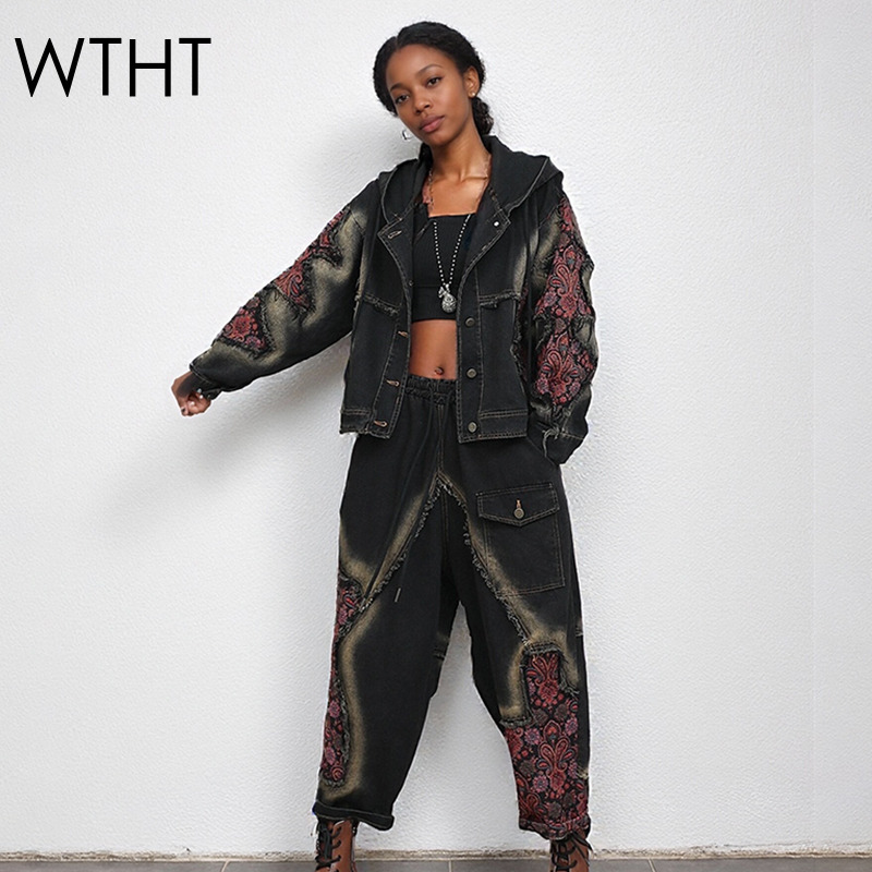 Patchwork Jean Jacket - WTHT moda mujer lavado Patchwork manga