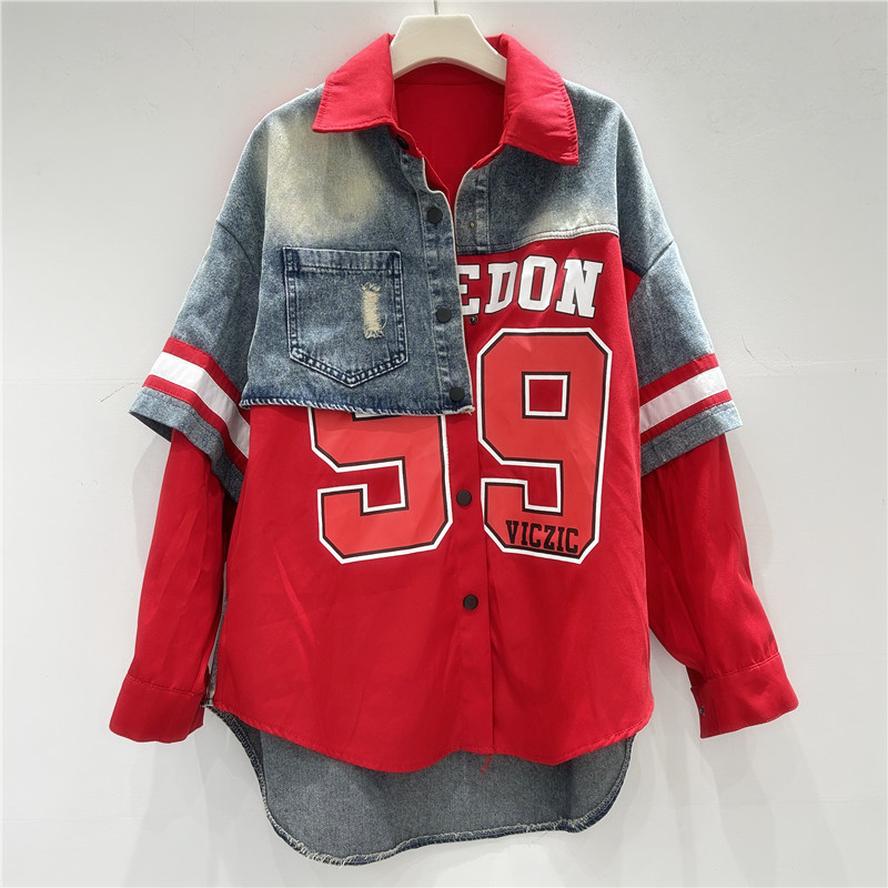 Patchwork Jean Jacket - Camisa vaquera Retro para mujer, chaqueta