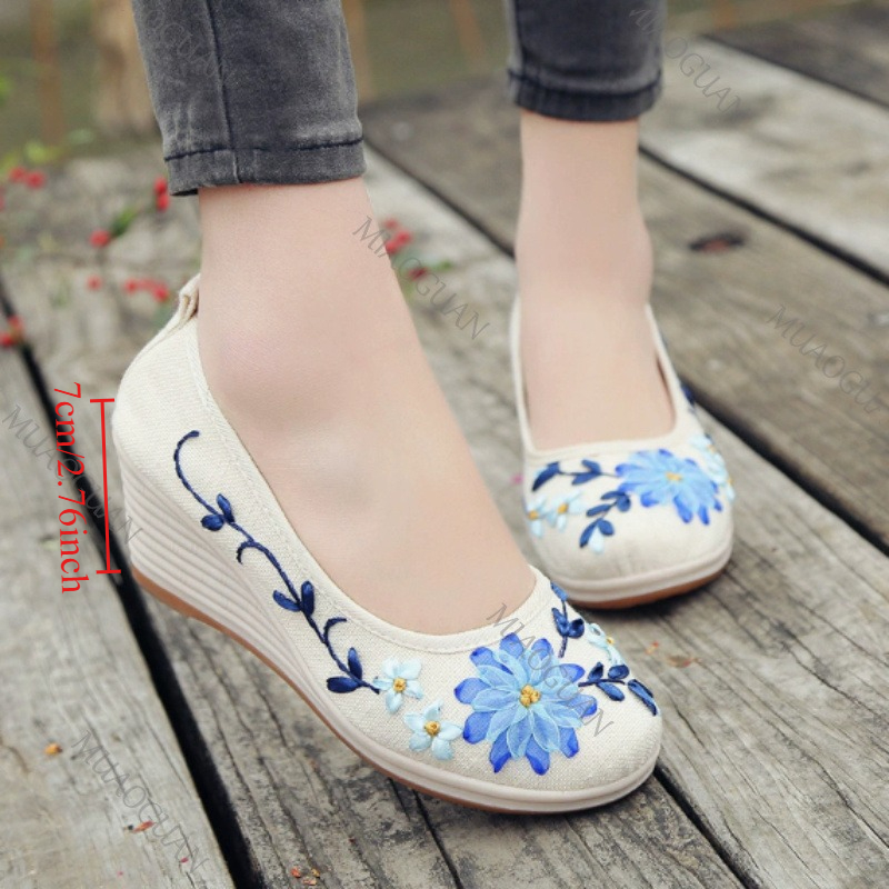 Vintage Fashion Female - Zapatos de Plataforma con Cuña Bordados