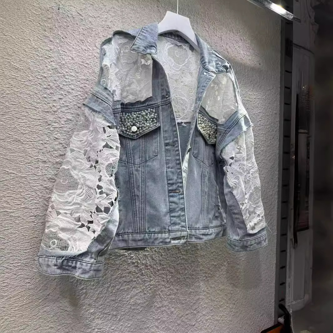 Patchwork Jean Jacket - Chaqueta bordada empalmada para mujer, cuello
